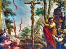 Scharenstetten Laurentiuskirche: Moses mit Eherner Schlange J. Wannenmacher 1768 Scharenstetten: Moses mit Eherner Schlange